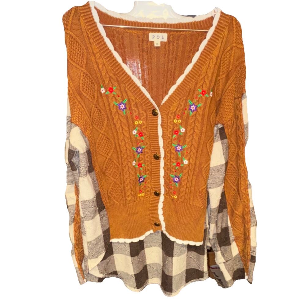 POL Brown Plaid Cable-Knit Embroidered Cardigan Sweater Women's Size S - Picture 2 of 5